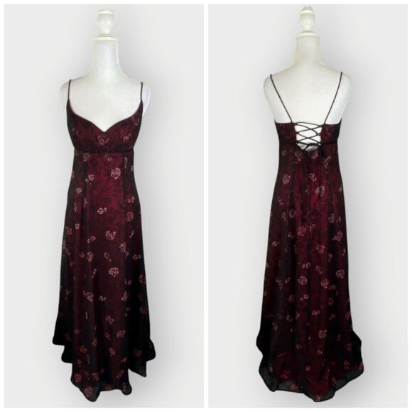 Vtg 90s Morgan & Co Formal Dress | Mesh Velvet Floral Glitter | Whimsigoth Prom - Picture 1 of 11